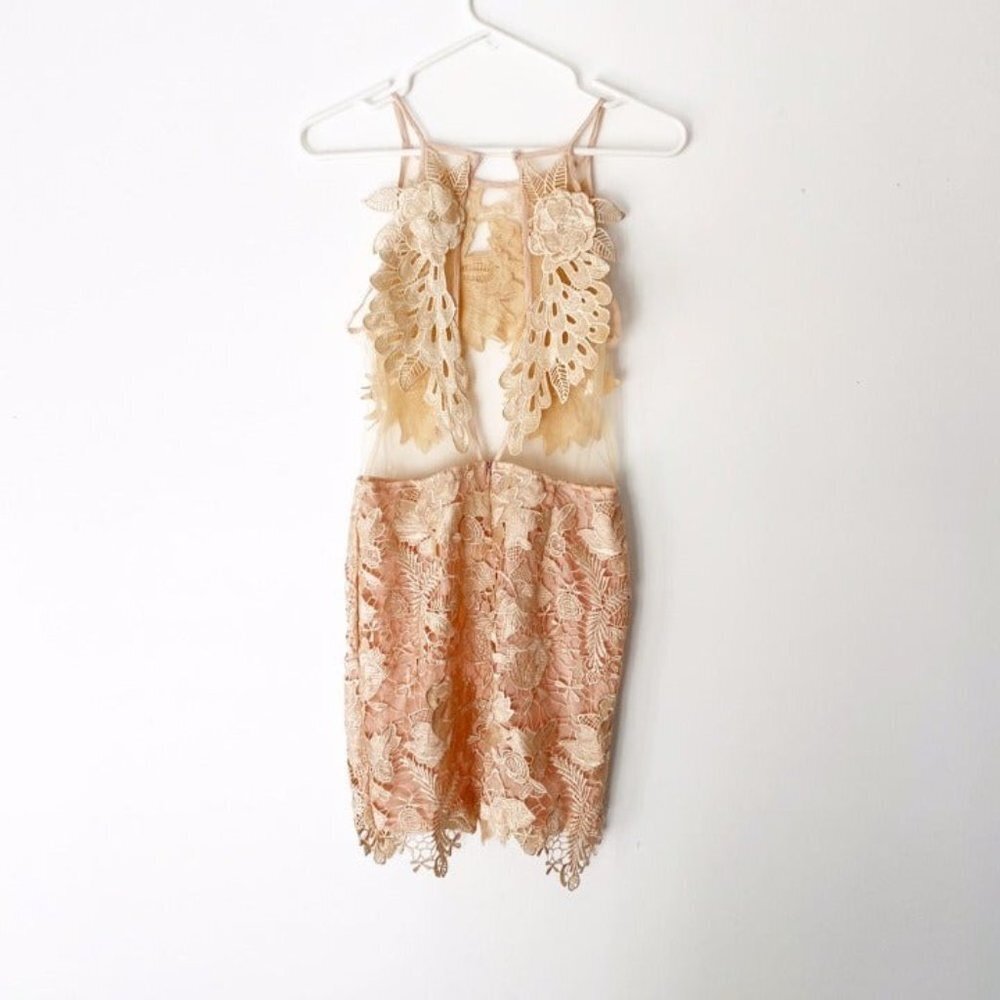 Strategic Illusion Dress Cream Lace Appliqué Sexy Club Party Night Out Mini Med - Picture 6 of 9